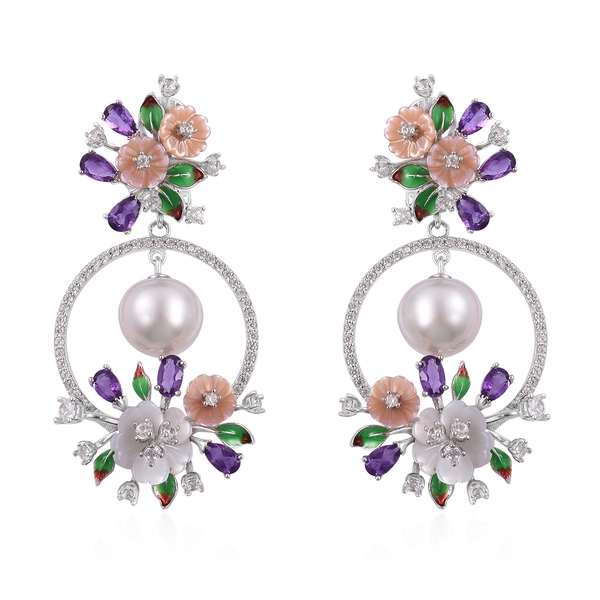 Jardin Collection - South Sea White Pearl (10-11mm), Amethyst and Multi Gemstone Enameled Flower Ear