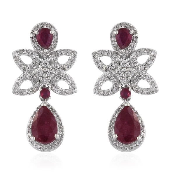 6.75 Ct African Ruby and Zircon Drop Earrings in Platinum Plated Sterling Silver