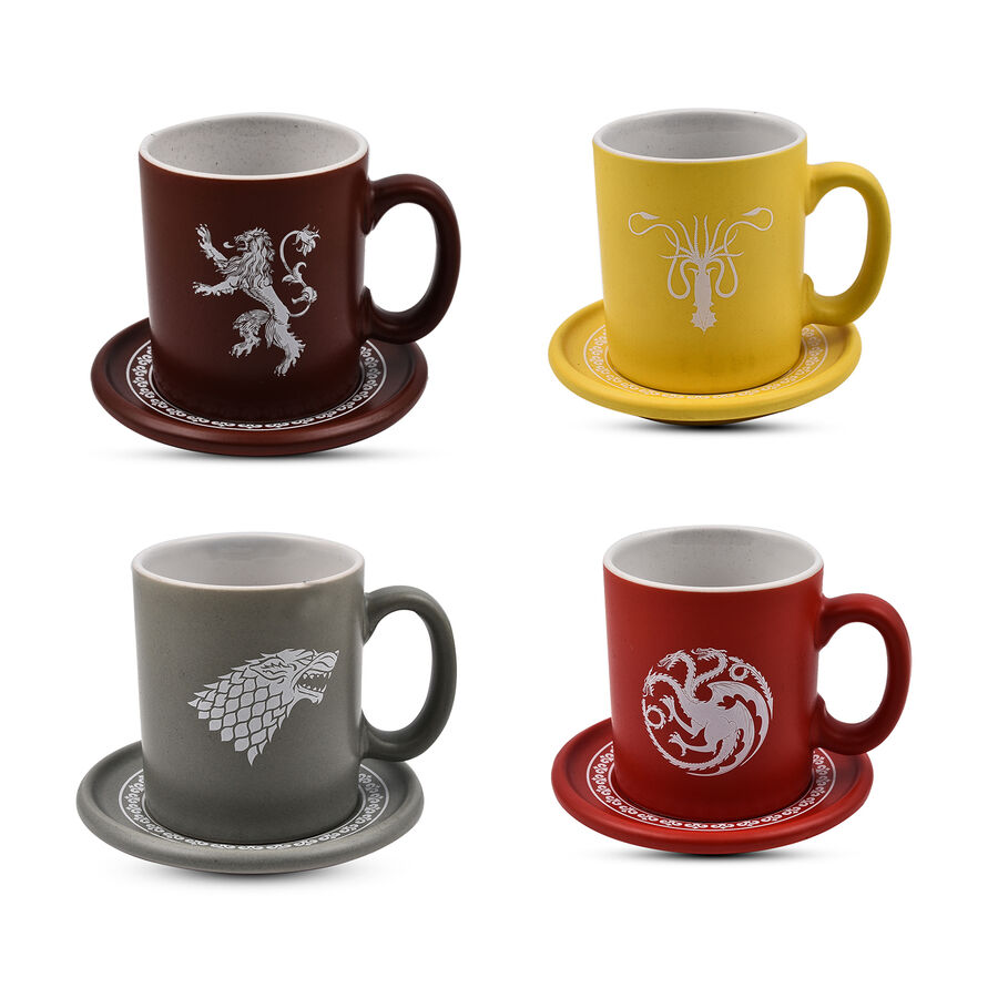 Closeout Deal - Game Of Thrones Emblem And Slogans Espresso Ceramic Mug Set - 4 Mugs And 4 Saucers - Multi Colour