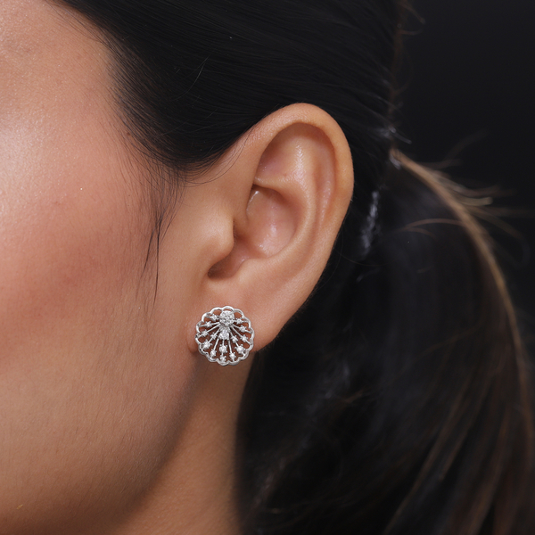 Simulated Diamond Floral Earrings (with Push Back) in Platinum Overlay Sterling Silver