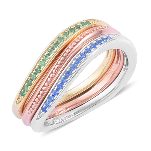 ELANZA AAA Simulated Emerald and Simulated Blue Spinel 3 Ring Set in Yellow Gold, Rose Gold and Rhod
