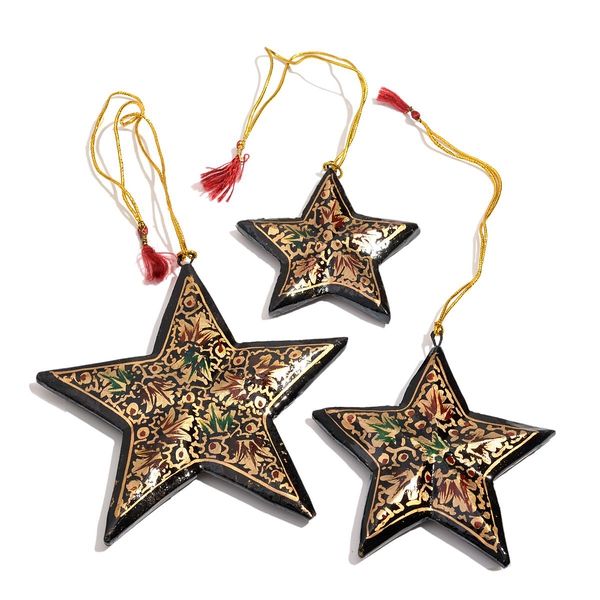(Option 1) Christmas Decorations - Set of 3 Black Colour Paper Mache Hanging Christmas Stars
