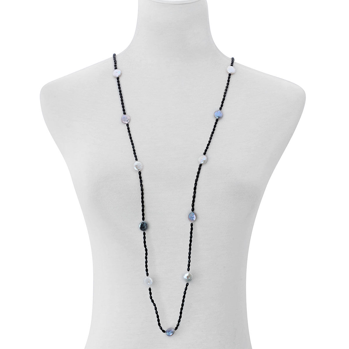 White and Peacock Keshi Pearl and Simulated Black Diamond Station Necklace (Size 48)