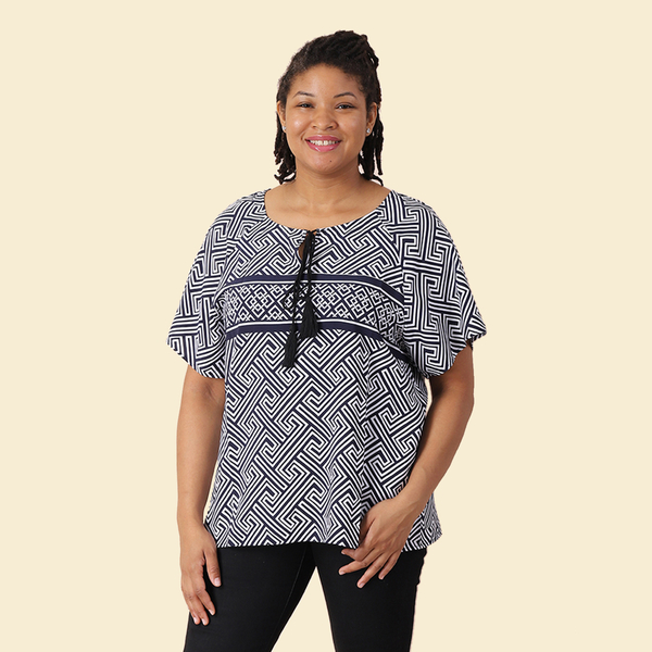 JOVIE Viscose Fret Pattern Short Sleeved Woven Print Top with Tassel (Size S / 8-10) - White & Navy