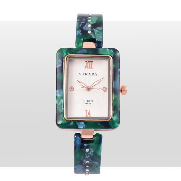 STRADA Japanese Movement White Austrian Crystal Studded Dial Watch in Rose Gold Tone with Dark Green Colour Strap