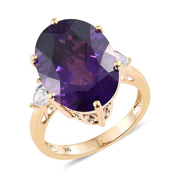 Colour Of The Year-9K Yellow Gold AAA Zambian Amethyst (Ovl), Natural Cambodian Zircon Ring 12.000 C