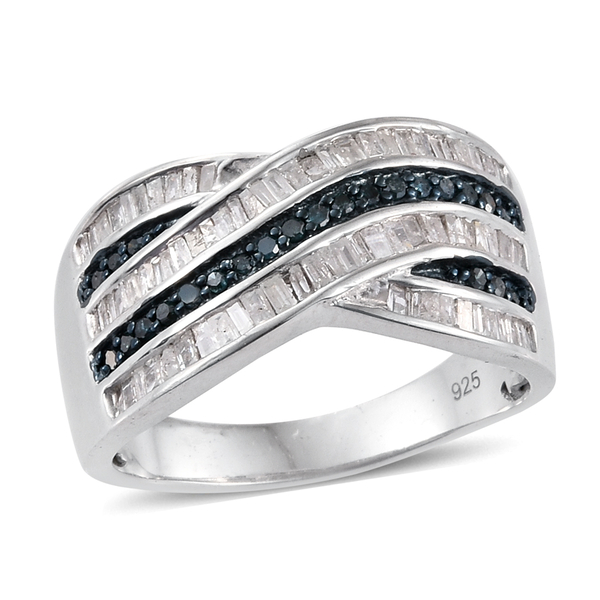 Blue Diamond (Rnd), White Diamond Criss Cross Ring in Platinum Overlay Sterling Silver 1.000 Ct. Sil