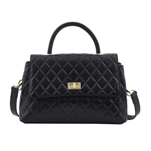 LA MAREY Genuine Leather Diamond Pattern Convertible Bag with Detachable Strap - Black