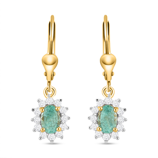 Zambian Emerald ,  White Zircon  Solitaire Lever Back Earring in Vermeil YG Sterling Silver 1.55 ct