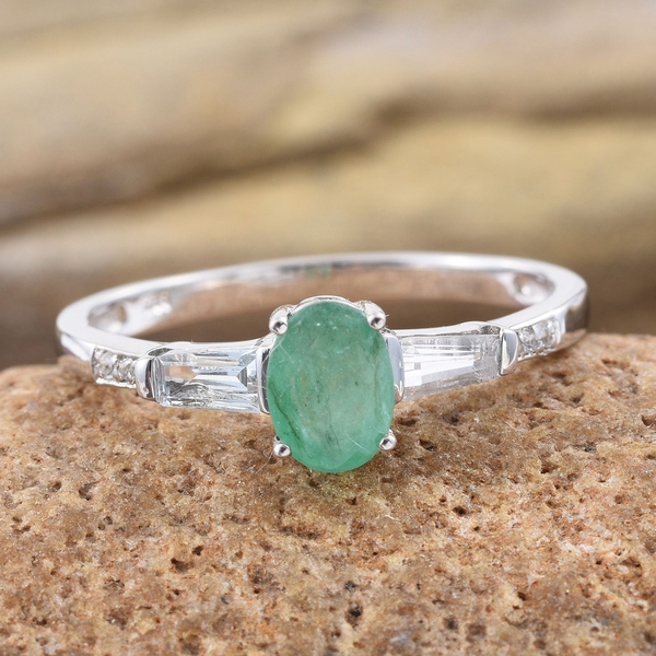 Kagem Zambian Emerald (Ovl 0.75 Ct), White Topaz Ring in Platinum Overlay Sterling Silver 1.180 Ct.