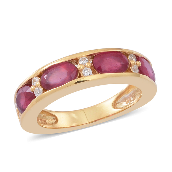 African Ruby (Ovl), Natural Cambodian White Zircon Half Eternity Band Ring in 14K Gold Overlay Sterl
