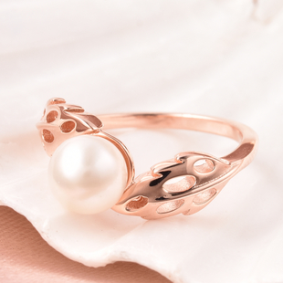 RACHEL GALLEY - Freshwater White Pearl Latticework Feather Ring in Rose Gold Overlay Sterling Silver