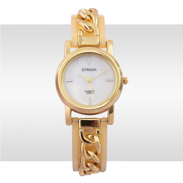 STRADA Japanese Movement MOP Dial Watch in Gold Tone with Stainless Steel Back and Yellow Colour Strap