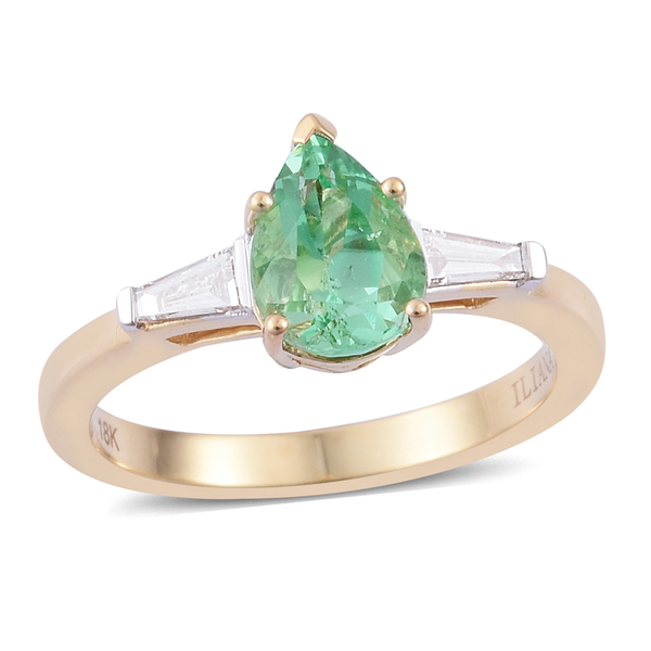 ILIANA 18K Y Gold Boyaca Colombian Emerald (Pear 1.25 Ct), Diamond Ring 1.500 Ct.