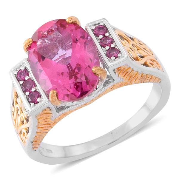 New York Closeout-Mystic Pink Coated Topaz (Ovl 7.00 Ct), Rhodolite Garnet Ring in Rhodium and Gold 