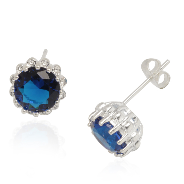AAA Simulated Blue Sapphire (Rnd) Earrings (With Push Back) in Silver Tone