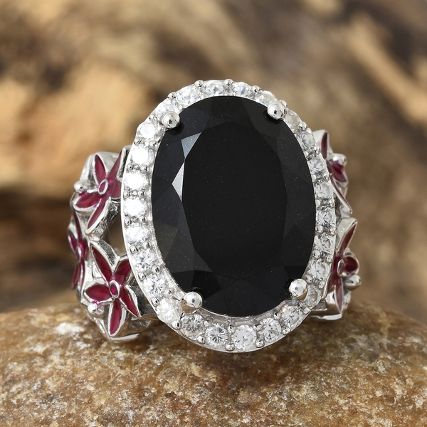 Black Tourmaline (Ovl 12.15 Ct), Natural Cambodian Zircon Ring in Platinum Overlay with Enameled Sterling Silver 13.500 Ct, Silver wt 8.67 Gms.