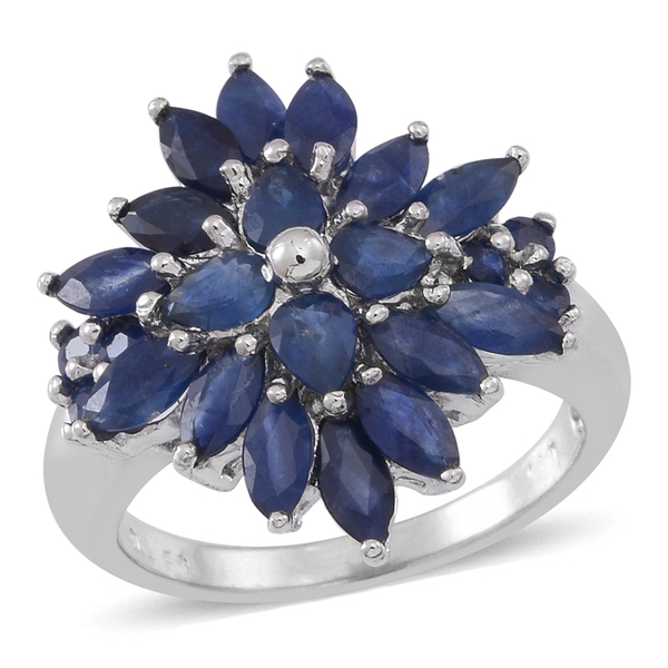 Kanchanaburi Blue Sapphire (Mrq) Cluster Ring in Rhodium Plated Sterling Silver 3.750 Ct.