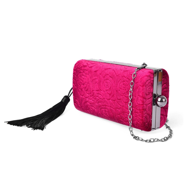 Fuchsia Colour Rose Pattern Velvet Clutch Bag with Chain Strap in Black Tone (Size 16X8.5X5.5 Cm)
