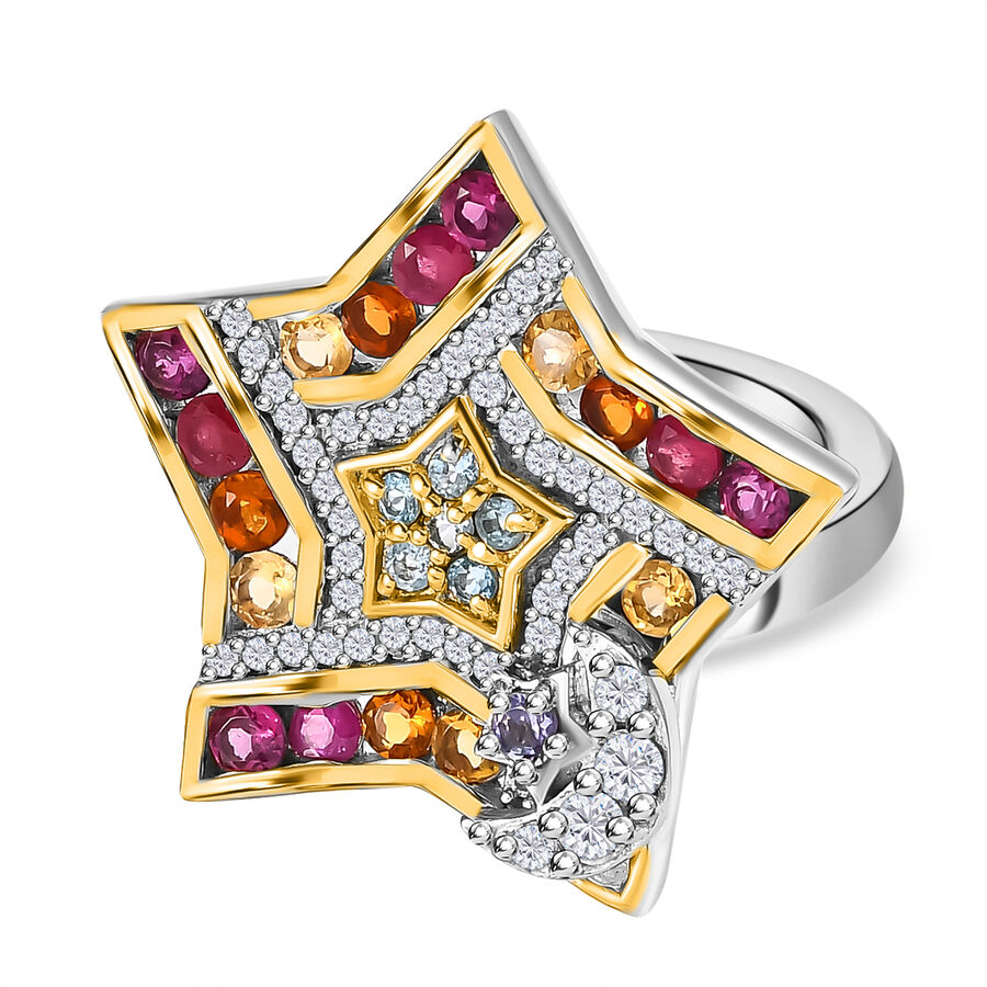 GP Celestial Dream Collection - African Ruby and Multi Gemstone Ring in Platinum Overlay and 18K Yellow Gold Vermeil Plated Sterling Silver 3.38 Ct, Silver Wt. 5.13 Gms.