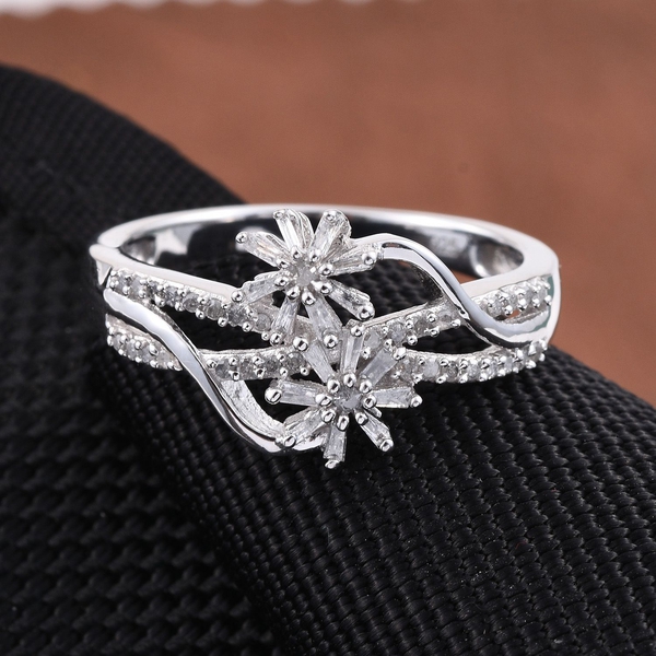 Diamond (Rnd) Twin Floral Ring in Platinum Overlay Sterling Silver 0.330 Ct.