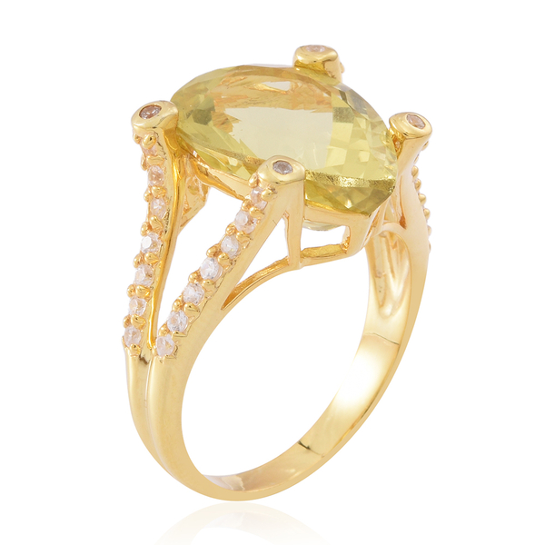 Lemon Quartz (Pear 8.50 Ct), Natural White Cambodian Zircon Ring in 14K Gold Overlay Sterling Silver 9.000 Ct. Silver wt 4.65 Gms.