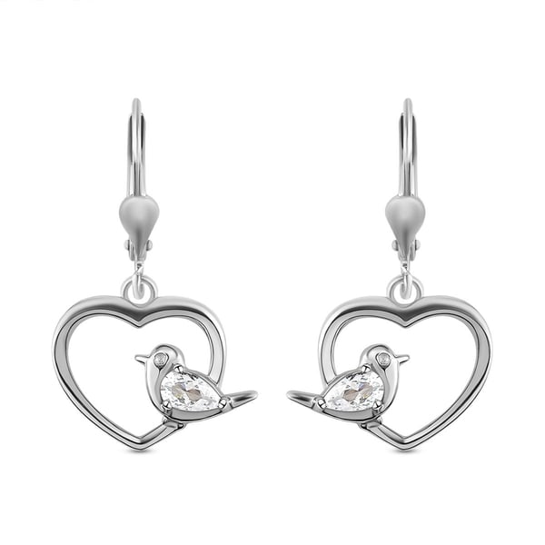 ELANZA Simulated Diamond Heart Dangling Earrings (With Lever Back) in Platinum Overlay Sterling Silv