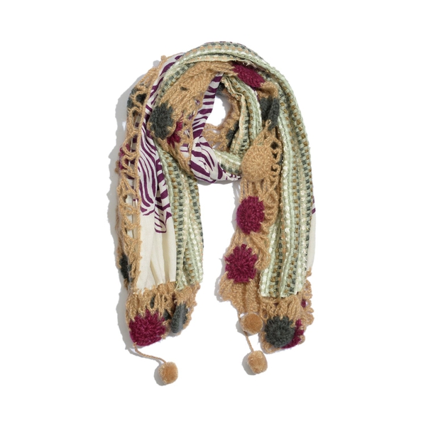 Peach, Cream, Violet and Multi Colour Winter Scarf with Fringes (Size 175x60 Cm)