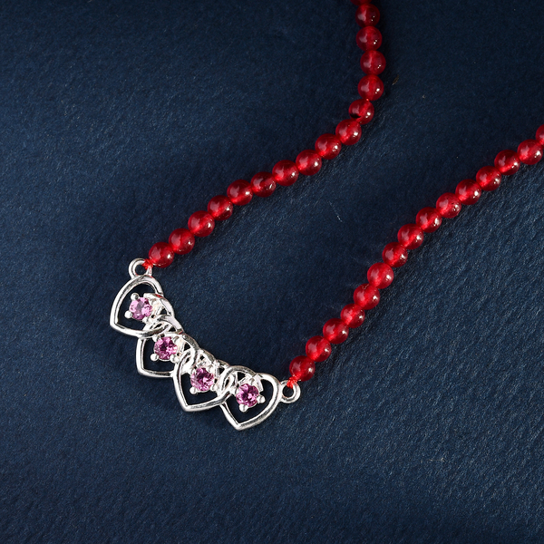 Lotus Garnet and Red Quartzite Beads Necklace (Size 18) in Stainless Steel and Sterling Silver 12.24 Ct.