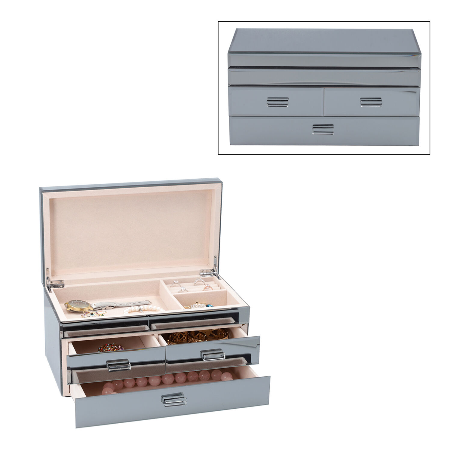 3 Layer Glass Mirrored Jewellery Box with three Drawer and Velvet Inner
