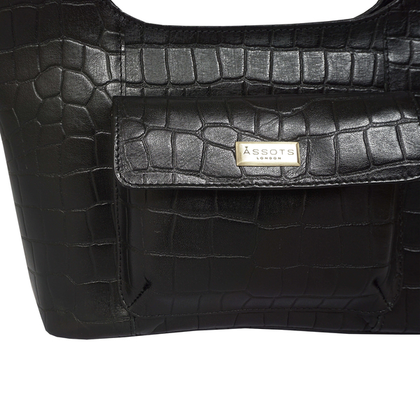 ASSOTS LONDON Amanda Genuine Leather Croc Embossed Tote Bag (Size 26x20x9 Cm) - Black