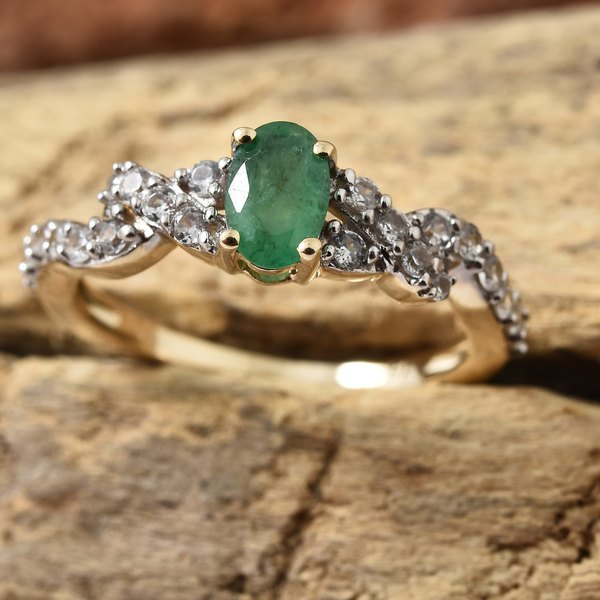 9K Yellow Gold AAA Kagem Zambian Emerald (Ovl), Natural Cambodian Zircon Ring 1.000 Ct.