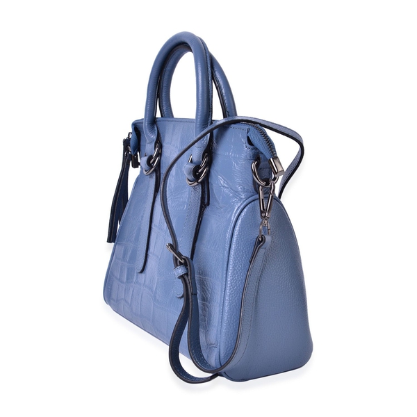 Genuine Premium Leather Croc Embossed Blue Colour Tote Bag with Adjustable and Removable Shoulder Strap (Size 28.5X24.5X9.5 Cm)