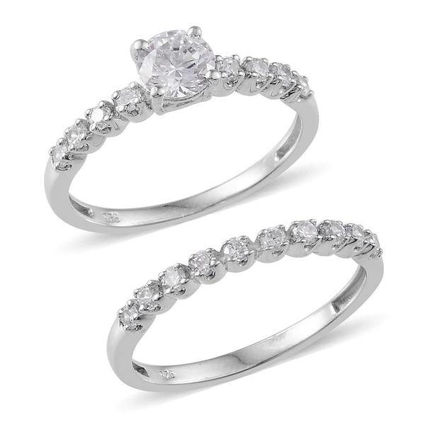 ELANZA AAA Simulated Diamond (Rnd) 2 Ring Set in Platinum Overlay Sterling Silver