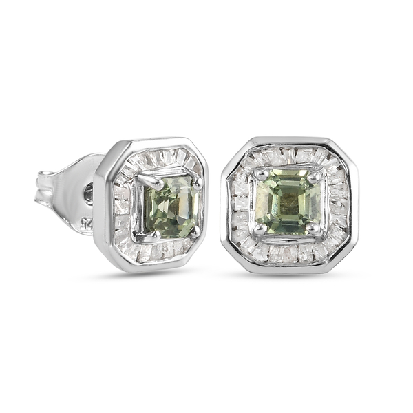 Green Sapphire and Diamond Stud Earrings (with Push Back) in Platinum Overlay Sterling Silver 1.16 Ct.