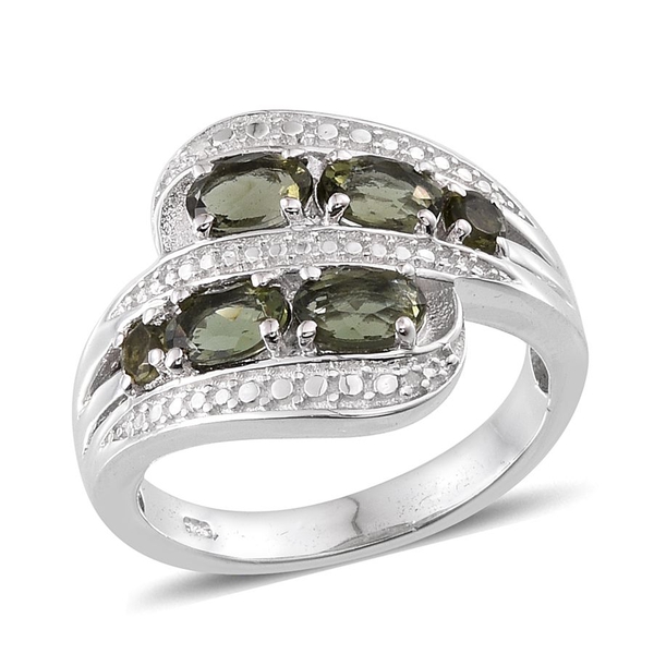 Bohemian Moldavite (Ovl), Diamond Crossover Ring in Platinum Overlay Sterling Silver 1.760 Ct.