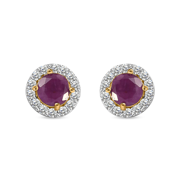 Natural Moroccan Ruby and Natural Cambodian Zircon Stud Earrings (with Push Back) in 14K Gold Overla