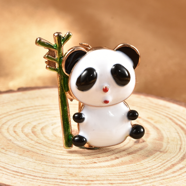 Enamelled Bamboo Tree Panda Brooch in Yellow Gold Tone