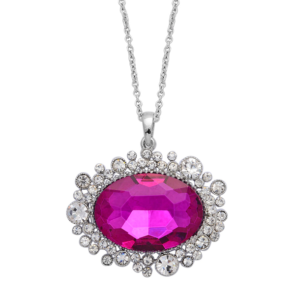 Pink Glass and White Austrian Crystal Pendant With Chain in Silver Tone with Stainless Steel