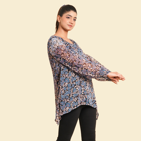 TAMSY Floral & Leaves Pattern Top (Size 8) - Blue & Black