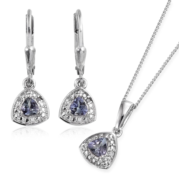 Simulated Tanzanite (Trl), Diamond Pendant With Chain and Lever Back Earrings in Platinum Overlay St