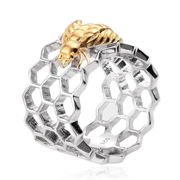 Platinum and Yellow Gold Overlay Sterling Silver Honey Comb with Bee Band Ring, Silver wt 5.00 Gms.