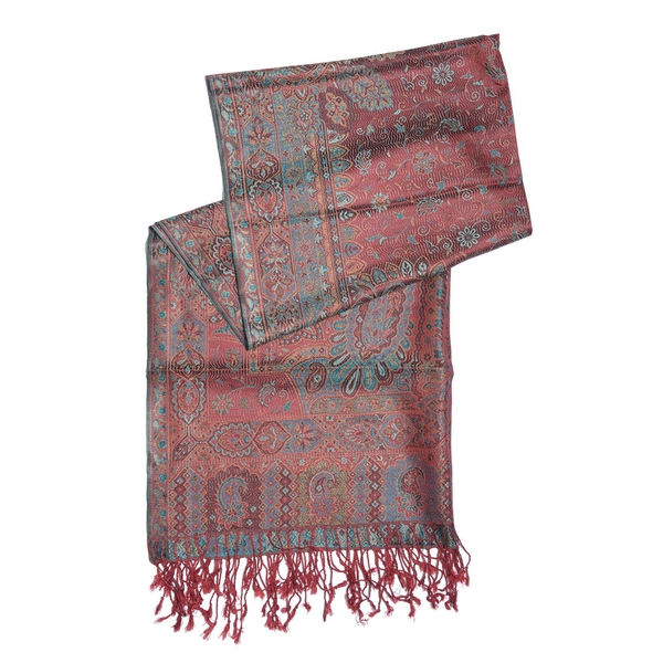 SILK MARK - 100% Superfine Silk Blue, Burgundy and Multi Colour Jacquard Jamawar Scarf with Fringes at the Bottom (Size 180x70 Cm) (Weight 125 - 140 Gms)