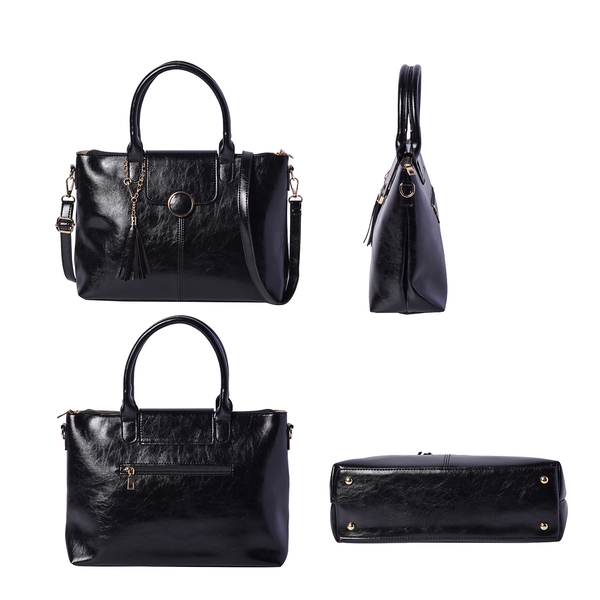 Solid Black Tote Bag (35x12x26cm) with Adjustable Shoulder Strap and Tassel