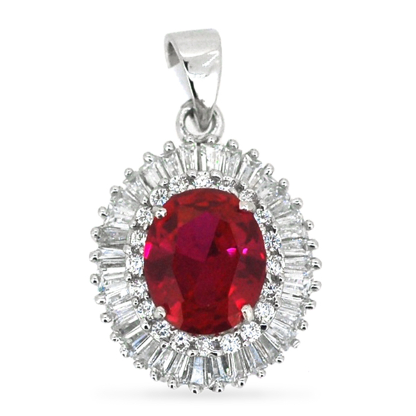 ELANZA AAA Simulated Ruby (Ovl), Simulated Diamond Pendant in Rhodium Plated Sterling Silver