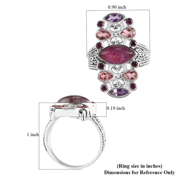 Sajen Silver Cultural Flair Collection - Rhodolite Garnet, Ruby Zoisite, Amethyst & Doublet Quartz Enamelled Ring in Platinum Overlay Sterling Silver 4.70 Ct.