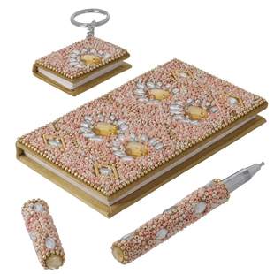 3 Piece Set - Beads Decorative Diary Keychain and Pen - Light Green Colour