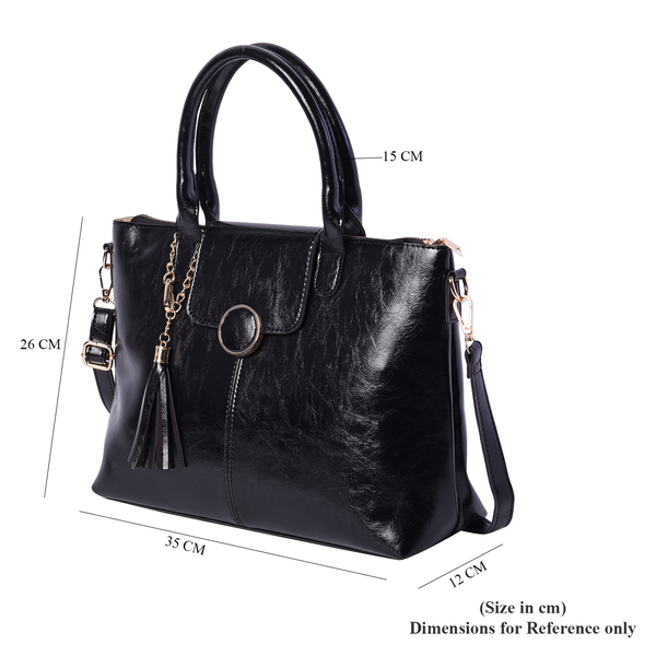 Solid Black Tote Bag (35x12x26cm) with Adjustable Shoulder Strap and Tassel