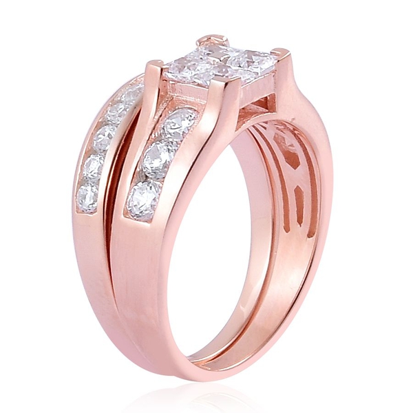 AAA Simulated White Diamond 2 Ring Set in Rose Gold Overlay Sterling Silver