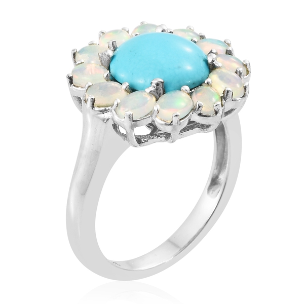 Arizona Sleeping Beauty Turquoise (Rnd 2.30 Ct), Ethiopian Welo Opal Flower Ring in Platinum Overlay Sterling Silver 3.500 Ct.